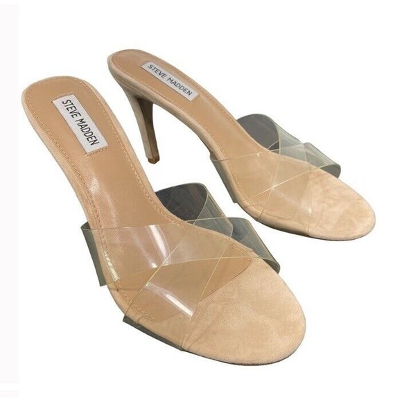 STEVE MADDEN EVIE Clear Nude Cross Strap Heeled Sandals Size 8.5 - Picture 1 of 14